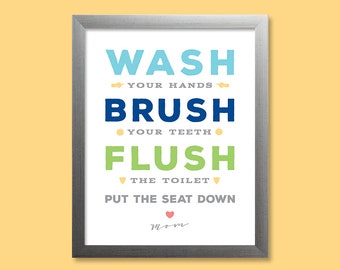 Wash Brush Flush Kids Bathroom Wall Art Kids Rules Bathroom Decor Bathroom Rules Bathroom Print