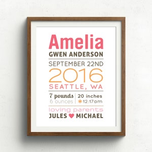 New Baby Gift, Personalized Birth Announcement Wall Art, Baby Print, Nursery Wall Print (Baby Name Birth Stats), Welcome Baby, Pink & Orange