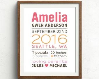 New Baby Gift, Personalized Birth Announcement Wall Art, Baby Print, Nursery Wall Print (Baby Name Birth Stats), Welcome Baby, Pink & Orange