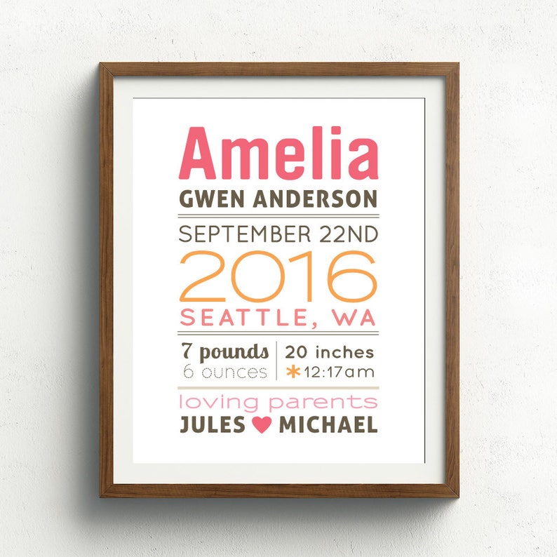 May include: A framed print with a white background and brown frame. The print features the name Amelia in pink, followed by Gwen Anderson, September 22nd, 2016, Seattle, WA, 7 pounds, 6 ounces, 20 inches, *12:17am, loving parents, Jules and Michael.