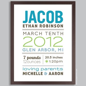May include: A brown framed print with white background and blue, green, and brown text. The text reads "JACOB ETHAN ROBINSON MARCH TENTH 2012 GLEN ARBOR, MI 7 pounds 20.5 inches 12 ounces *1:20pm loving parents MICHELLE & AARON"