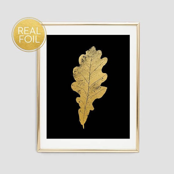 Gold Foil Oak Leaf Wall Art, Botanical Print, Gold Leaf, Real Gold Foil Print, Gift for Her, Minimalist Wall Art, Modern Decor F11