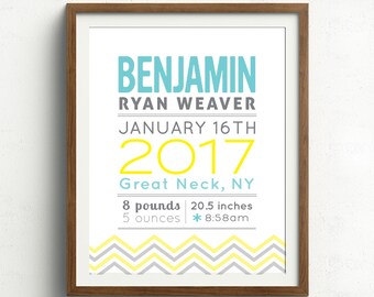 Personalized Baby Gift Chevron New Baby Gift Birth Print Gift for Baby Personalized Name Nursery Decor