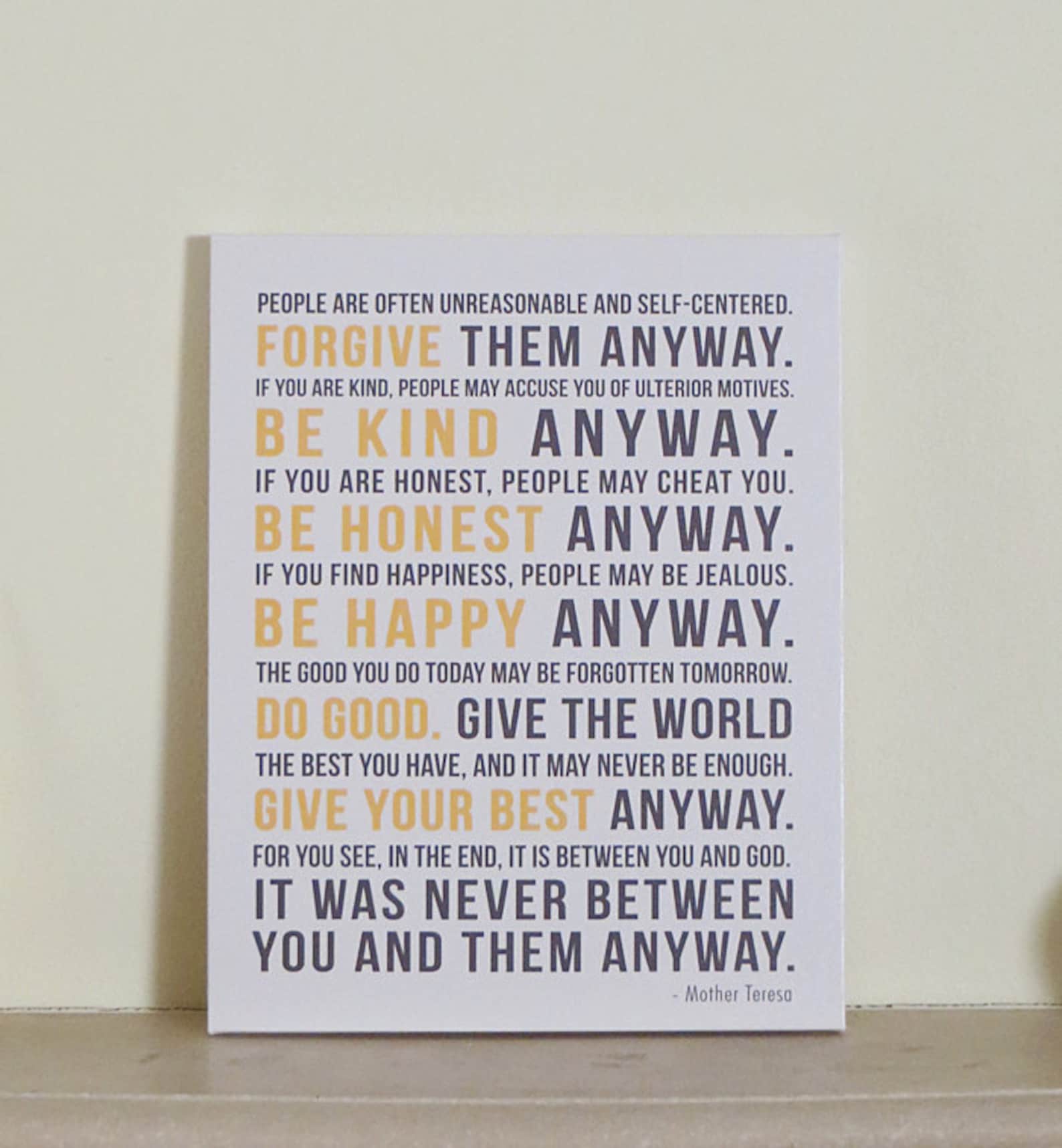 Mother Teresa Do It Anyway CANVAS Wall Decor Home Decor Etsy