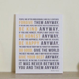 Mother Teresa Do It Anyway CANVAS, Wall Decor, Home Decor, Inspirational Subway Sign, custom colors