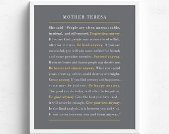 Mother Teresa Quote Print, Mother Teresa Do It Anyway, Forgive them Anyway, Inspirational Quote Poster, Home Decor, Bedroom Decor