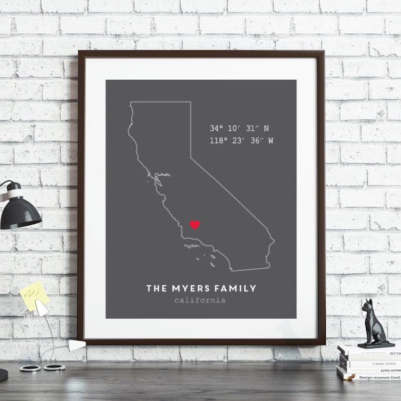 Custom Coordinates, California Wall Art, Personalized Home Coordinates Print, Latitude Longitude, Housewarming, Custom State, New Home Gift image 1