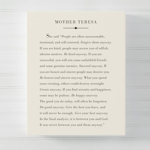 Mother Teresa Quote, Do It Anyway, Mother Teresa Canvas, Inspirational Quote Poster, Home Decor, Bedroom Decor