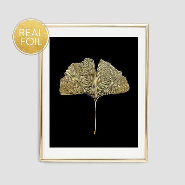 Gold Foil Ginkgo Leaf Wall Art, Botanical Print, Real Gold Foil Print, Ginkgo Leaf Print, Minimalist Wall Art, Gift for Her, Modern Art F12