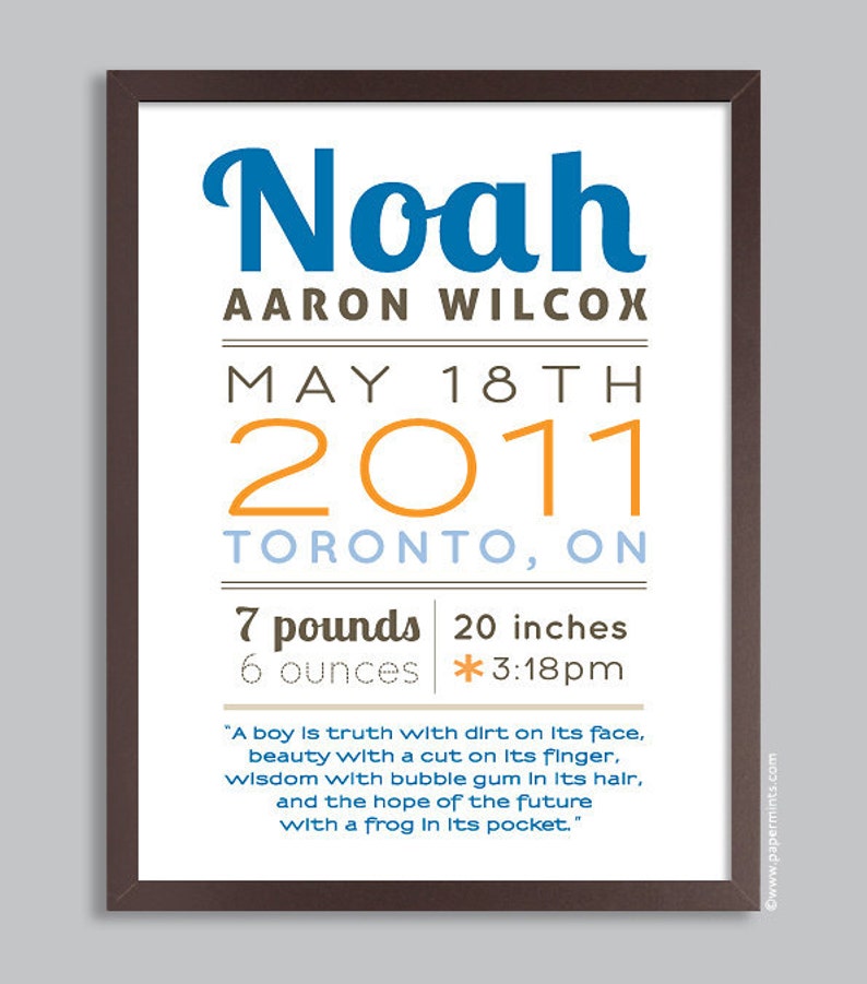 Birth Announcement Wall Art Print, Baby Boy Gift, Birth Stats, Baby Boy Nursery, Baby Decor, navy image 3