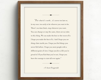 For What It's Worth Quote, F. Scott Fitzgerald, Inspirational Life Quotes, Life a Life You're Proud of, Graduation Gift, Literary Art Print