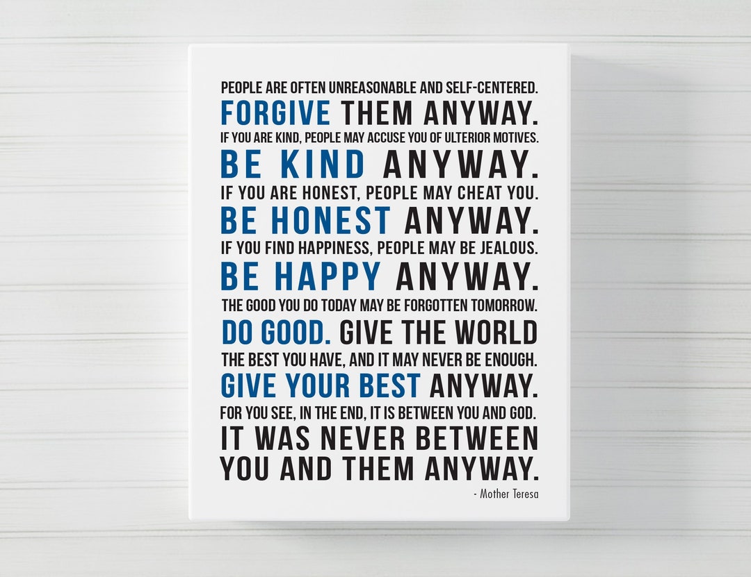 Mother Teresa Do It Anyway CANVAS, Mother Teresa Quote Wall Art