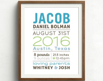 Personalized Baby Name Print, Baby Nursery Wall Art (baby name and birth stats) blue & green, New Baby Gift
