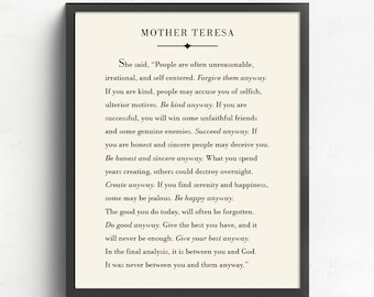 Mother Teresa Quote Print, Literary Print, Do It Anyway, Mother Teresa Art Print, Inspirational Quote, Home Decor, Words to Live by