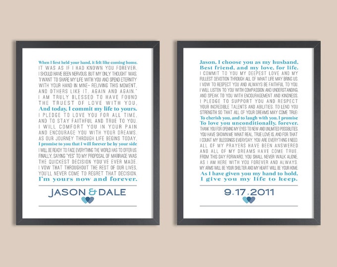 Wedding Vows, Set of two prints, Wedding Vow Art, Wedding Vow Keepsake, 1st Anniversary Gift, Wedding Gift, Anniversary Gift