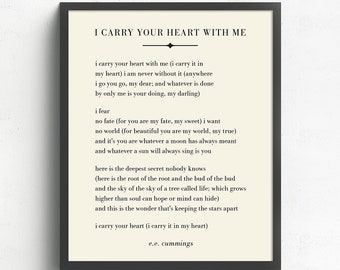 Ik draag je hart met mij kunst aan de muur, E.E. Cummings gedicht, literaire kunst, huwelijksgeschenk, slaapkamer decor, Valentijnsdag cadeau voor vrouw of man