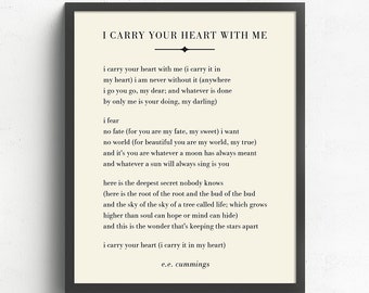 I Carry Your Heart With Me Wall Art, E.E. Cummings Poem, Literary Art, Wedding Gift, Bedroom Decor, Valentines Gift for Wife or Husband