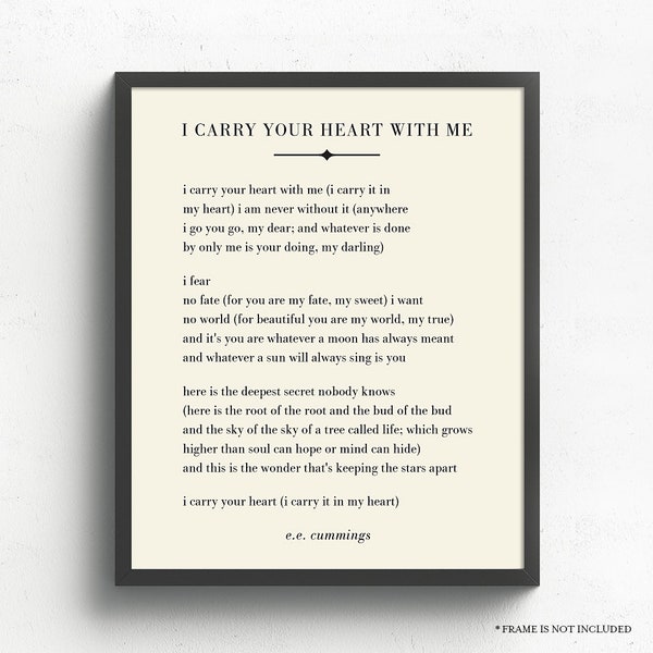 I Carry Your Heart With Me Wall Art, E.E. Cummings Poem, Literary Art, Wedding Gift, Bedroom Decor, Valentines Gift for Wife or Husband