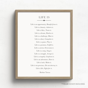 Life Is Quote, Mother Teresa Quote, Inspirational Quote, Christian, Inspirational Wall Art, Living Room Wall Decor, Home Decor