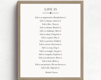 Life Is Quote, Mother Teresa Quote, Inspirational Quote, Christian, Inspirational Wall Art, Living Room Wall Decor, Home Decor