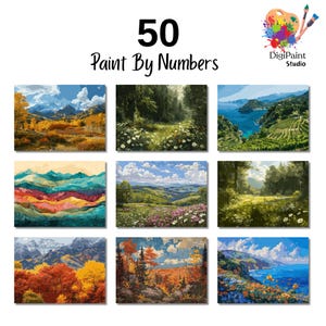Pode incluir: Uma coleção de nove kits de arte de paisagens para pintar por números. Cada kit apresenta uma vista panorâmica diferente, incluindo montanhas, florestas e cenas costeiras. A imagem inclui o texto "50 Paint By Numbers" e o logotipo DigiPaint Studio.