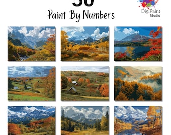 秋の風景画50選、田舎の風景の塗り絵、湖と山の塗り絵、大人の塗り絵、ストレス解消