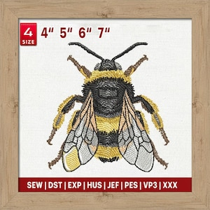 Puede incluir: Diseño de abeja bordada con detalles amarillos, negros y blancos. La imagen incluye opciones de tamaño de 10,16 cm a 17,78 cm. El diseño está enmarcado e incluye texto que indica formatos de archivo.