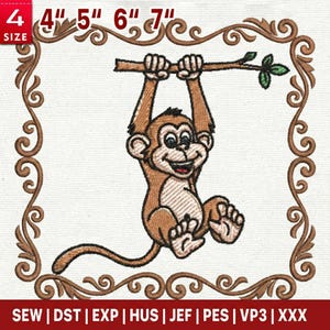 May include: An embroidered design featuring a cartoon monkey hanging from a branch, surrounded by a decorative brown border. The design is available in sizes ranging from 4 to 7 inches. The image also includes file format information.