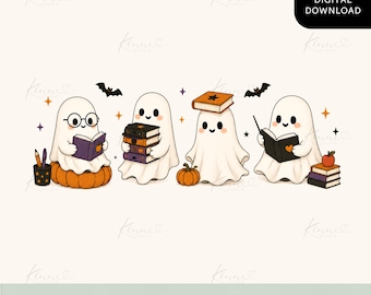 Halloween Teacher PNG, Reading Ghost Book Lover Design, Librarian Sublimation Download, Spooky Classroom Graphic