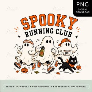 以下が含まれることがあります： オレンジと黒で「SPOOKY RUNNING CLUB」と書かれたデジタルグラフィックデザイン。スポーツウェアとスニーカーを身につけて走る3体の白い幽霊が描かれています。1体の幽霊は水筒を持っています。黒猫と小さなカボチャも含まれています。