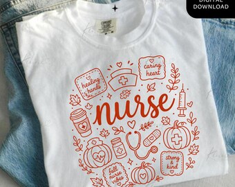 Fall Nurse Vibes PNG, Autumn Nurse Doodle Shirt Design, Pumpkin Stethoscope Digital Download, Caring Heart Strong Kind Nurse Gift