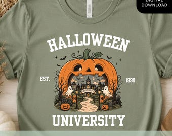 Halloween University PNG, Vintage Pumpkin Campus Design, Spooky College Digital Download