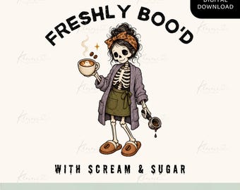 Freshly Boo’d PNG, Halloween Coffee PNG, Skeleton Barista Design, Spooky Barista Gift, Coffee Lover Sublimation Download