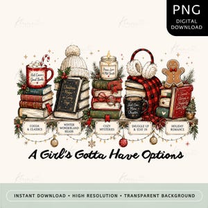 Gezellige winterse boekenstapel PNG, kerstleesliefhebber, boekenwurm sublimatieontwerp digitale download