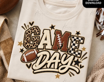 Faux Patch Game Day Football PNG, Faux Chenille Leopard Checkerboard Sublimation Design, Faux Embroidery Sports Digital Download