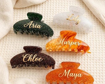 Personalized Cellulose Acetate Hair Claw Clip, Custom Name Hair Clip with Gold Silver UV Print, 10cm Large Hair Catch for Women Gift for Her