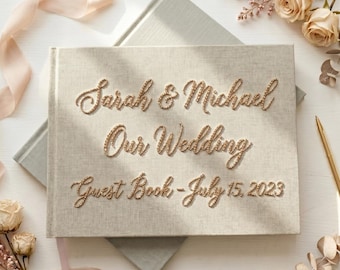 Linen Rhinestone Wedding Guest Book Personalized Names Custom Date Elegant Sparkle Guestbook Bridal Shower Reception Sign-In Book