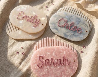 Custom Name Acetate Comb Mirror Set, Personalized Rhinestone Hair Accessories, Shell Marble Pattern