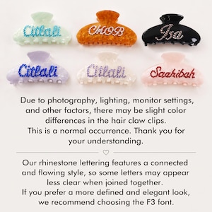 May include: Six hair claw clips in various colors including mint, amber, black, lavender, white, and pink. Each clip features personalized names or words spelled out in sparkling rhinestones, including Citlali, CHOB, Isa, and Saahibah in different fonts.