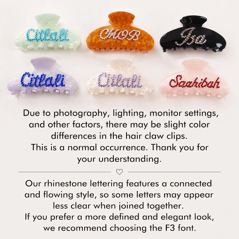 May include: Six hair claw clips in various colors including mint, amber, black, lavender, white, and pink. Each clip features personalized names or words spelled out in sparkling rhinestones, including Citlali, CHOB, Isa, and Saahibah in different fonts.