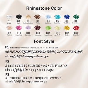 May include: A chart displaying sixteen rhinestone color options labeled D1 through D16, including white, black, golden shadow, coffee, light blue, lake blue, dark blue, dark green, apricot, light red, lavender, crimson, grass green, light yellow, golden, and bright red. Below, three font styles labeled F1, F2, and F3 show the alphabet in uppercase and lowercase letters.