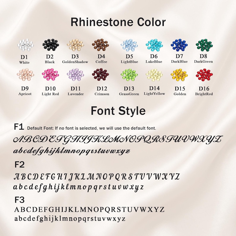 May include: A chart displaying sixteen rhinestone color options labeled D1 through D16, including white, black, golden shadow, coffee, light blue, lake blue, dark blue, dark green, apricot, light red, lavender, crimson, grass green, light yellow, golden, and bright red. Below, three font styles labeled F1, F2, and F3 show the alphabet in uppercase and lowercase letters.