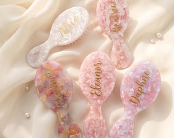 Personalized Cellulose Acetate Hair Brushes, Custom Name Mini Hairbrush for Women Girls, Handmade Marble Shell Hair Comb Luxury Gift for Her