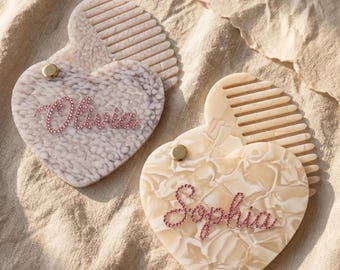 Custom Name Heart Mirror Comb: Personalized Rhinestone Acetate Accessory
