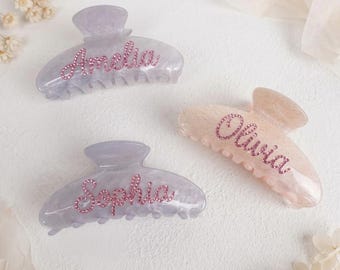 Elegant Marble Acetate Personalized Hair Claw Clip, Custom Rhinestone Name Hair Accessory for Women, Chic Fashion Birthday Gift for Her