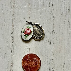 Sterling & Enamel Holy Slide Medal Miraculous Mary and Joseph Guilloche Painted Flower Religious Catholic