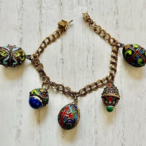 Krementz Charm Bracelet with Faberge Style Eggs Enamel Sterling GF GP Lapis Malachite Garnet