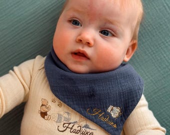 Personalized Embroidered Baby Bib – Custom Name | Soft Muslin Bandana Bib
