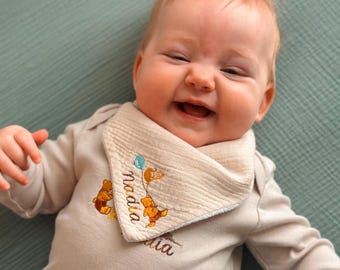 Personalized Embroidered Baby Bib – Custom Name | Soft Muslin Bandana Bib