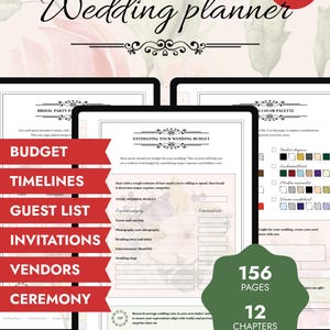 May include: A wedding planner with a floral design. The planner includes sections for budget, timelines, guest lists, and vendors. It has 156 pages and 12 chapters. An instant download option is available.